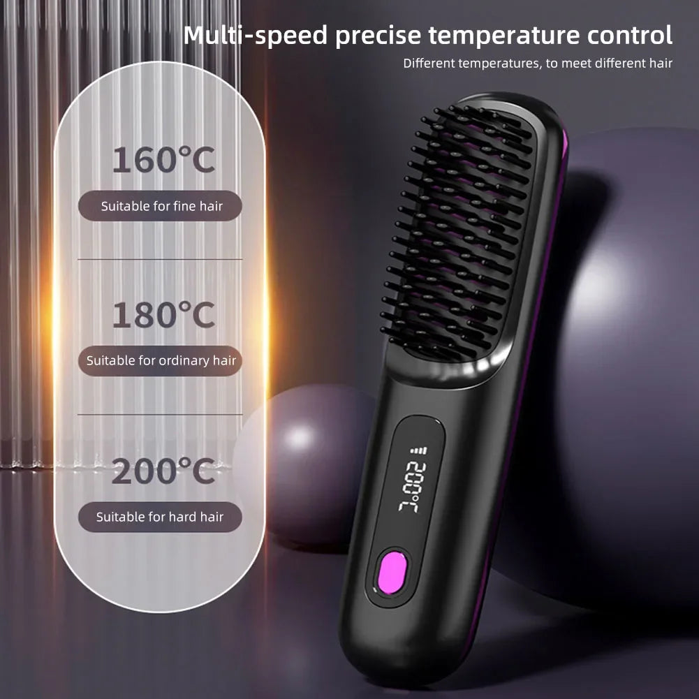 Revolutionize Your Hair Routine with the Cordless USB Rechargeable Hair Straightener Brush - Effortless Styling and Detangling with Negative Ion Technology