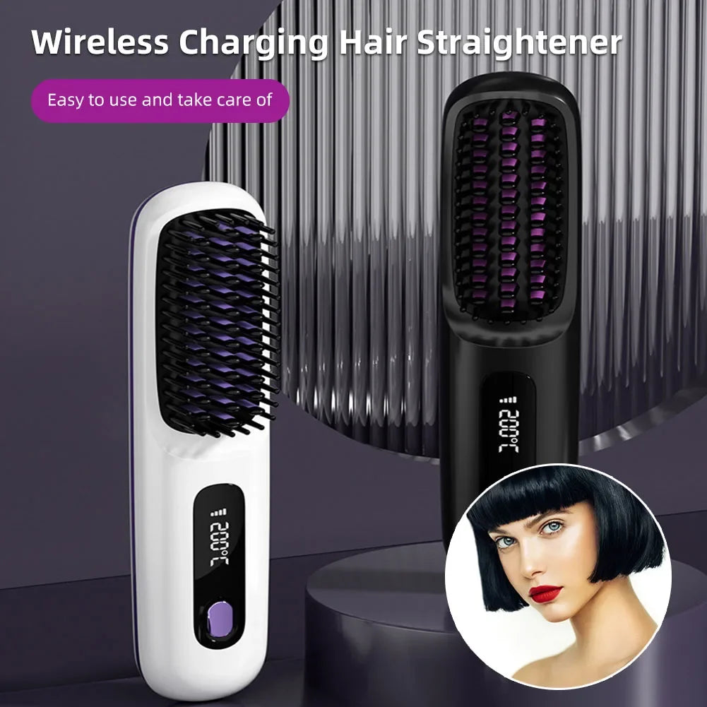Revolutionize Your Hair Routine with the Cordless USB Rechargeable Hair Straightener Brush - Effortless Styling and Detangling with Negative Ion Technology
