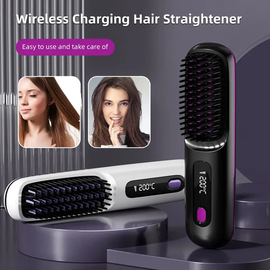 Revolutionize Your Hair Routine with the Cordless USB Rechargeable Hair Straightener Brush - Effortless Styling and Detangling with Negative Ion Technology